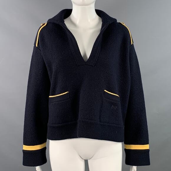 CELINE Size S Navy Gold Wool Contrast Trim Military Sweater - Picture 1 of 8